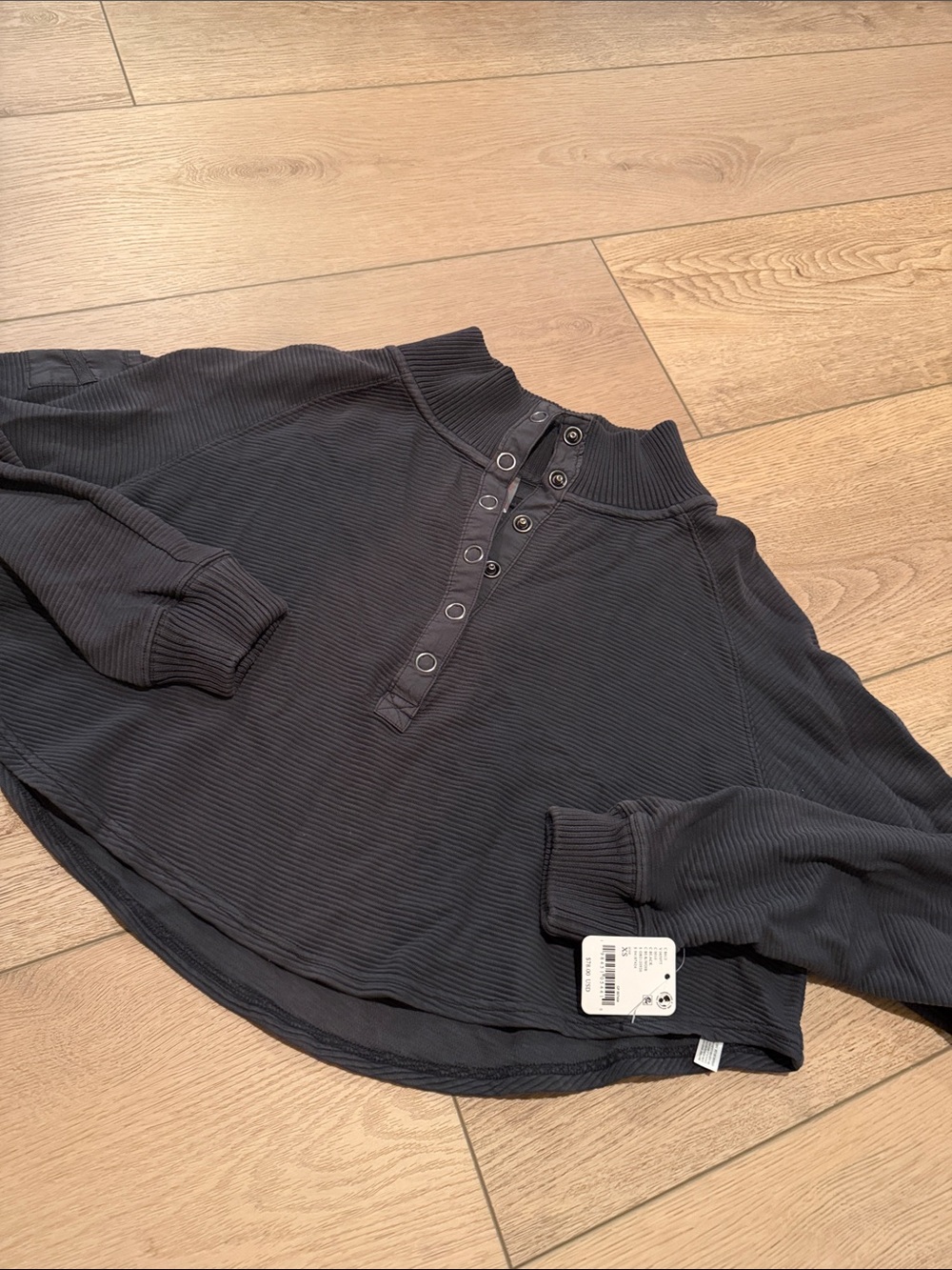 Free People Black Ribbed Snap-Front Henley Pullover